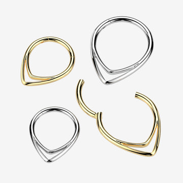 Detail View 1 of Implant Grade Titanium Golden Double Lined Chevron Teardrop Clicker Hoop Ring